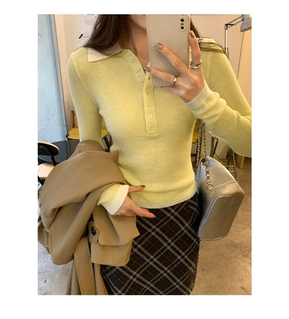 Long-Sleeve Collared Mock Two-Piece Two Tone Half-Buttoned Knit Top SpreePicky