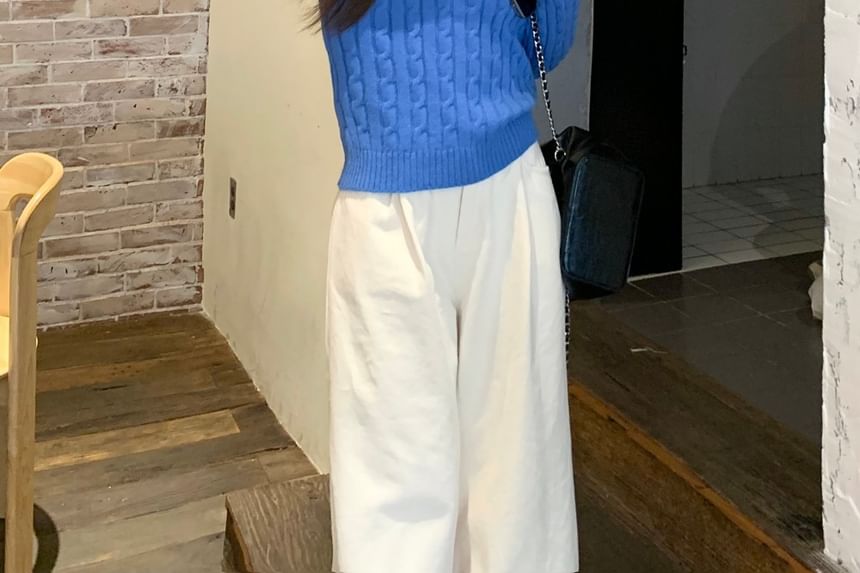 V-Neck Plain Cable Knit Sweater / High Waist Wide Leg Pants SpreePicky