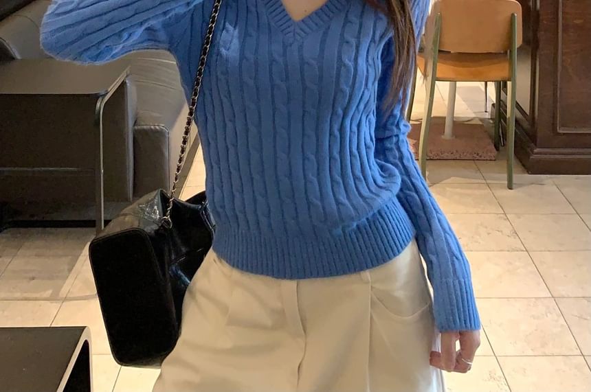 V-Neck Plain Cable Knit Sweater / High Waist Wide Leg Pants SpreePicky