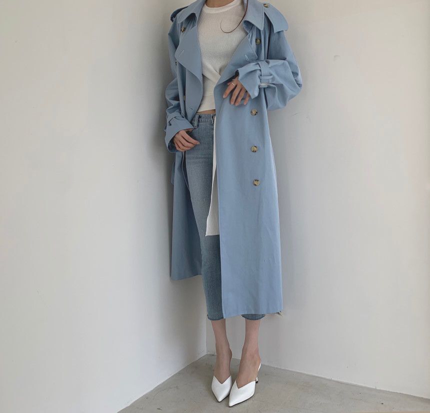 Collared Plain Back Slit Midi Double Breasted Trench Coat SpreePicky