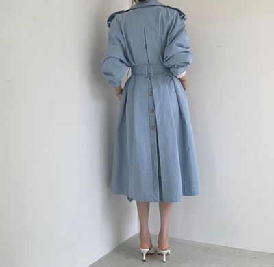 Collared Plain Back Slit Midi Double Breasted Trench Coat SpreePicky