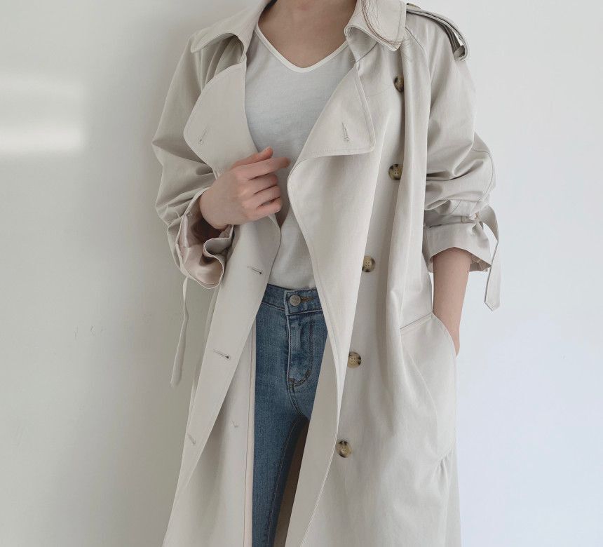 Collared Plain Back Slit Midi Double Breasted Trench Coat SpreePicky