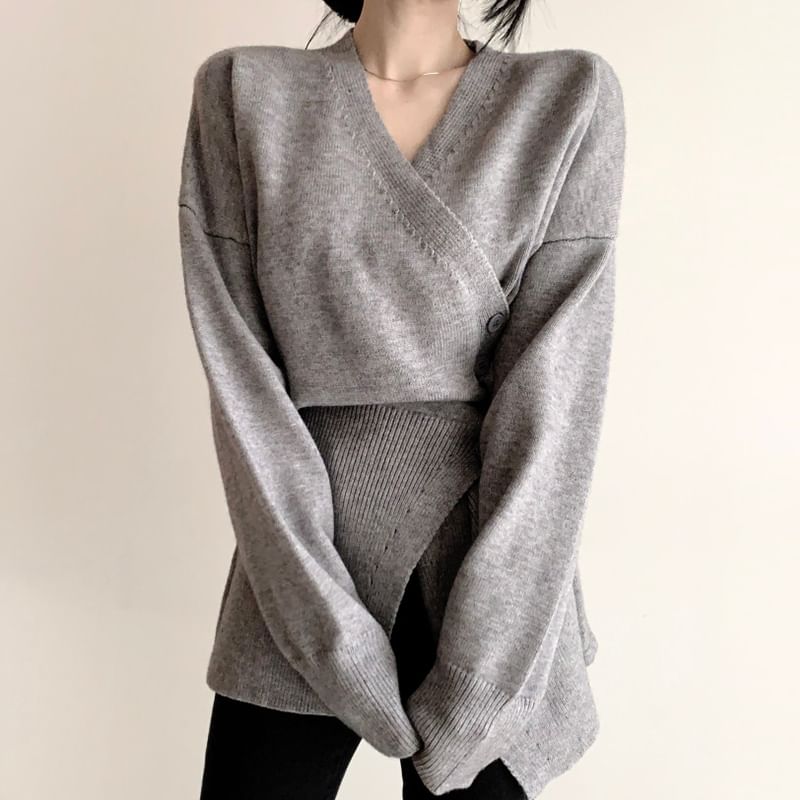 V-Neck Plain Button Wrap Sweater SpreePicky