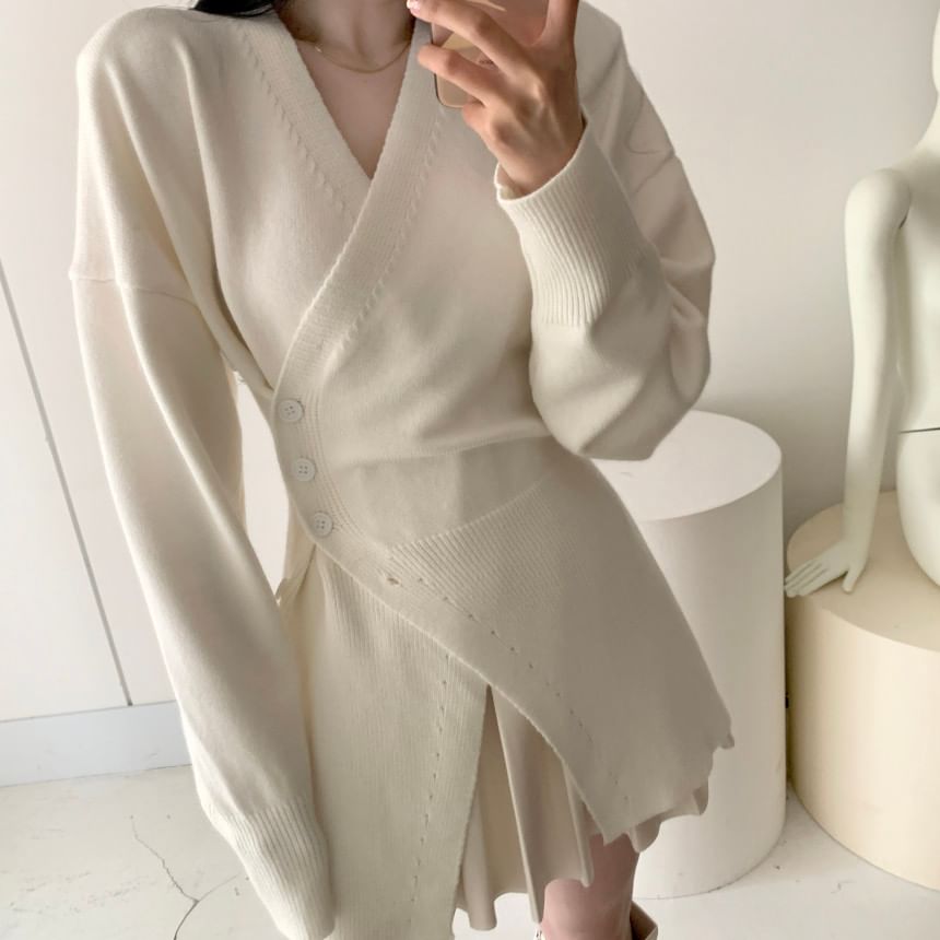 V-Neck Plain Button Wrap Sweater SpreePicky