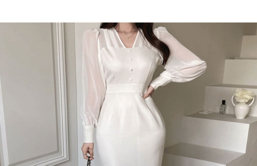 Long Sleeve V-Neck Plain Tie Back Button Panel Mesh Maxi Sheath Dress SpreePicky