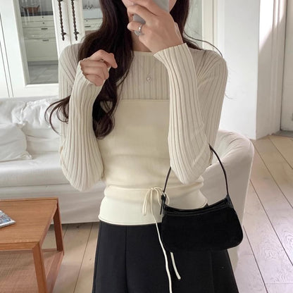 Set: Long Sleeve Round Neck Plain Ribbed Knit Top + Tube Top SpreePicky