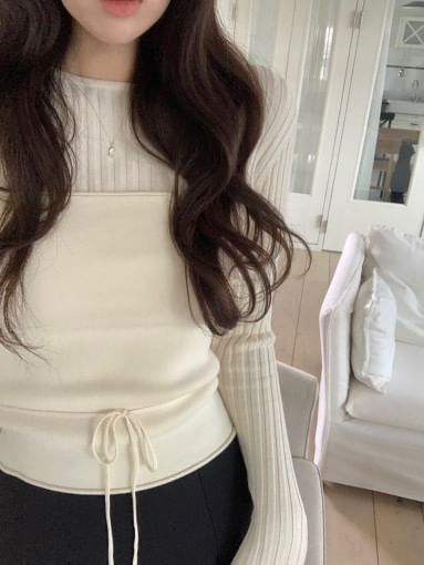 Set: Long Sleeve Round Neck Plain Ribbed Knit Top + Tube Top SpreePicky