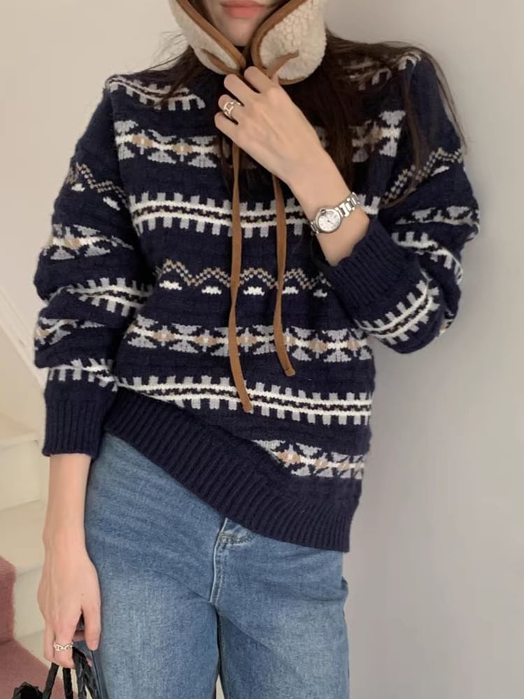 Round Neck Patterned Sweater SpreePicky