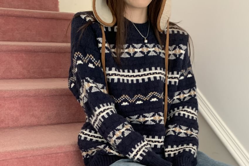 Round Neck Patterned Sweater SpreePicky