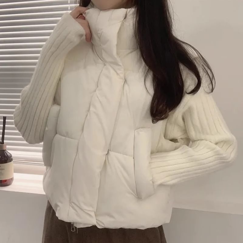 Stand Collar Plain Zip Puffer Vest SpreePicky