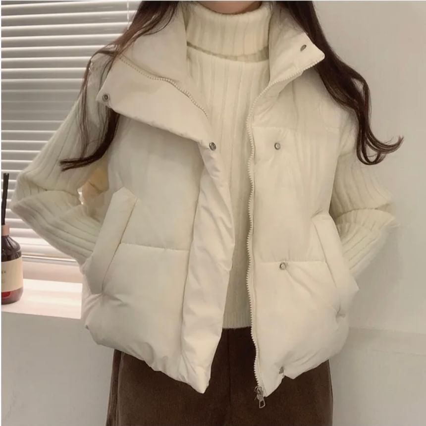 Stand Collar Plain Zip Puffer Vest SpreePicky