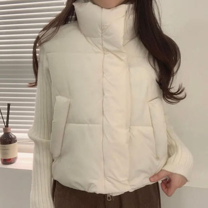 Stand Collar Plain Zip Puffer Vest SpreePicky