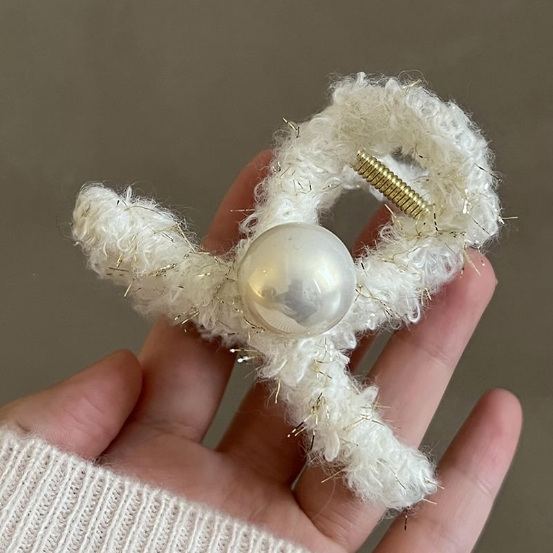 Furry Bow Faux Pearl Hair Claw SpreePicky