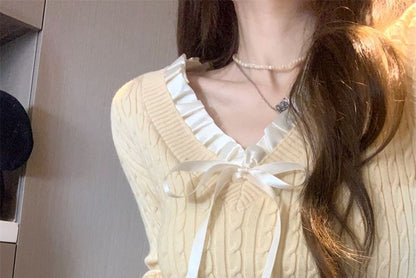 Long-Sleeve V-Neck Bow Accent Frill Trim Cable Knit Top SpreePicky