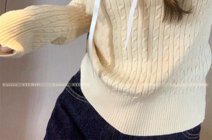 Long-Sleeve V-Neck Bow Accent Frill Trim Cable Knit Top SpreePicky