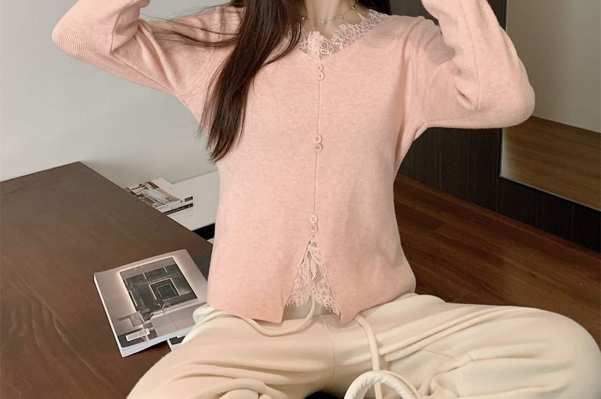 Long-Sleeve V-Neck Plain Lace Panel Button Accent Knit Top SpreePicky