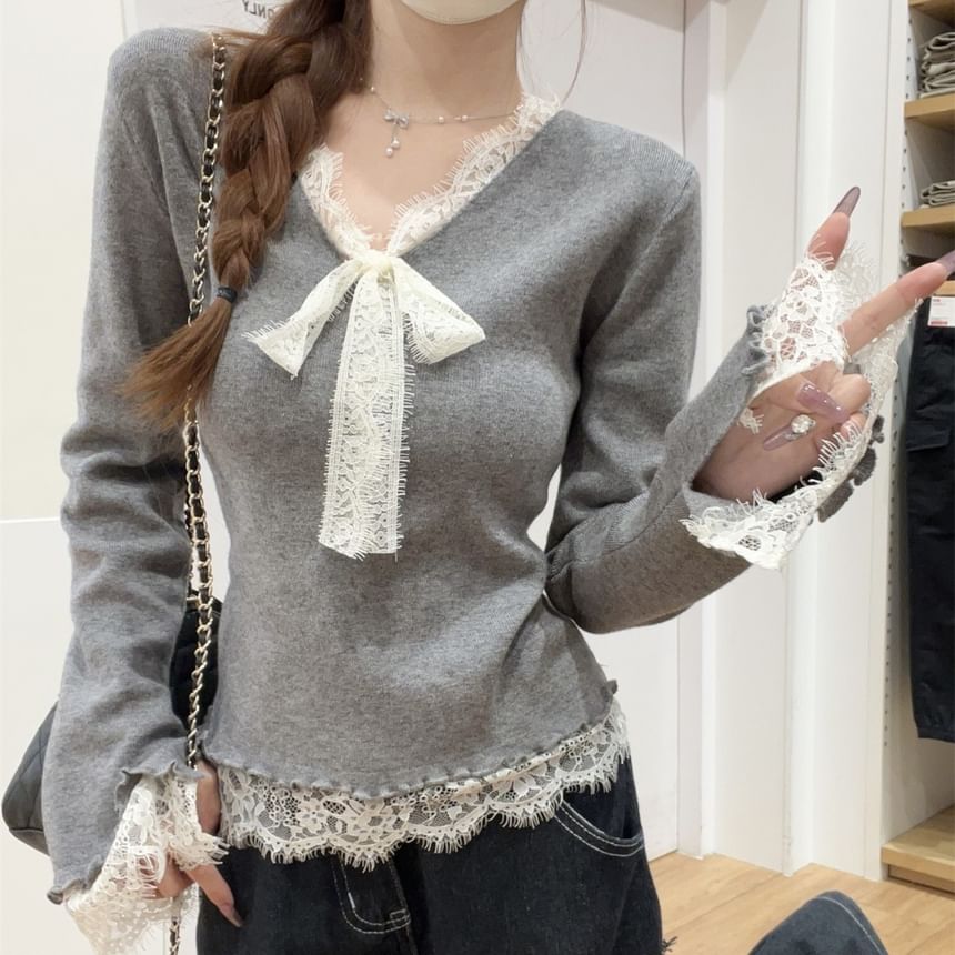 Long-Sleeve V-Neck Lace Panel Tie Front Slim Fit Knit Top SpreePicky