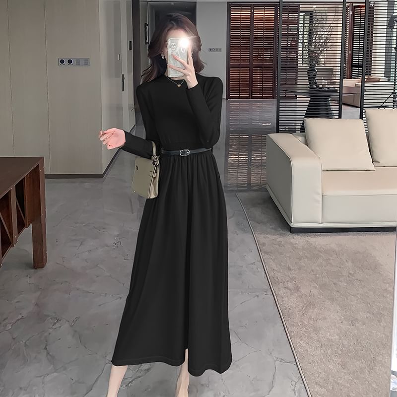 Long-Sleeve Mock Neck Plain Cutout Back Midi A-Line Knit Dress SpreePicky