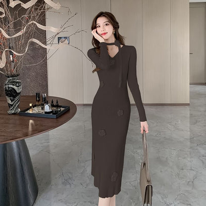 Set: Long-Sleeve V-Neck Plain Floral Accent Midi Sheath Knit Dress + Skinny Scarf SpreePicky