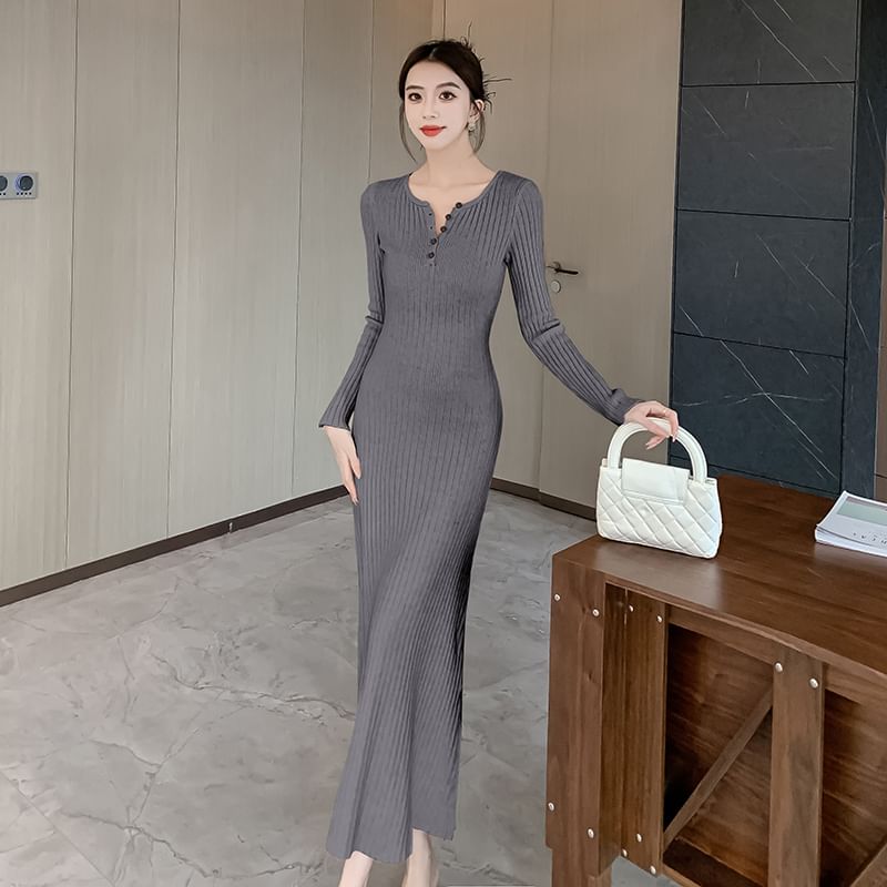 Long-Sleeve Crew Neck Plain Buttoned Maxi Sheath Dress SpreePicky