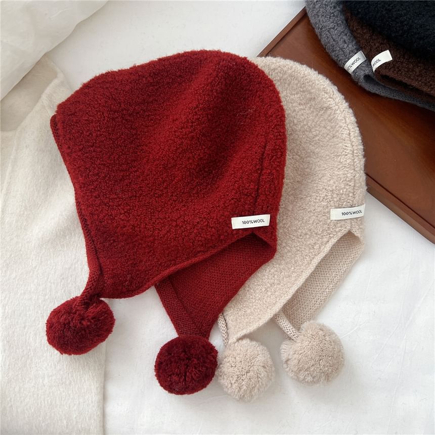 Plain Applique Pom Pom Knit Bonnet Hat SpreePicky