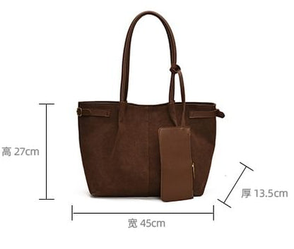 Buckled Faux Suede Tote Bag With Faux Leather Card Holder SpreePicky