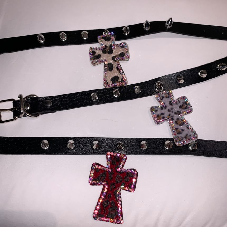 Cross Rhinestone Pendant Studded Faux Leather Choker SpreePicky