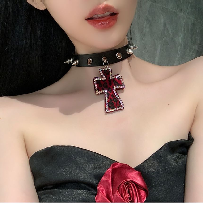 Cross Rhinestone Pendant Studded Faux Leather Choker SpreePicky