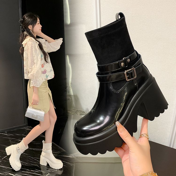 Platform Plain Buckled Genuine Leather Short Boots SpreePicky