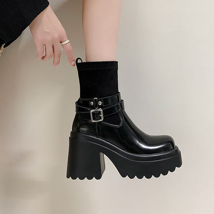 Platform Plain Buckled Genuine Leather Short Boots SpreePicky