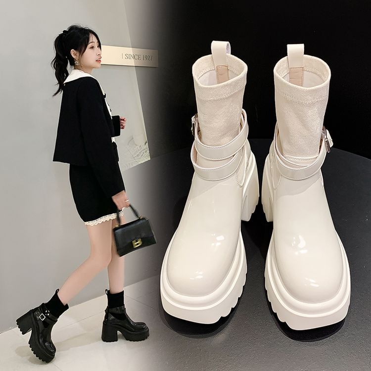 Platform Plain Buckled Genuine Leather Short Boots SpreePicky