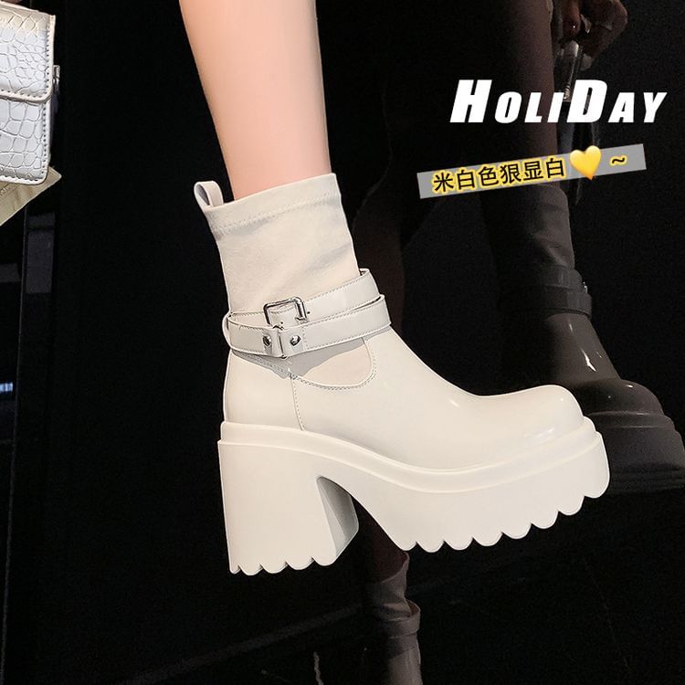 Platform Plain Buckled Genuine Leather Short Boots SpreePicky