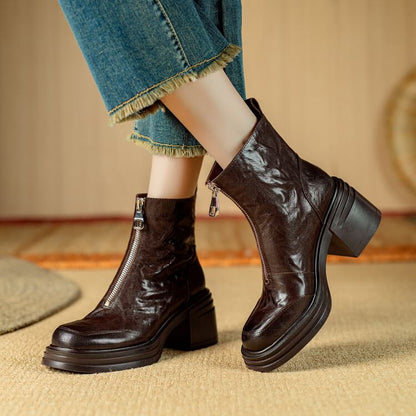 Chunky Heel Plain Zip-Up Genuine Leather Short Boots SpreePicky