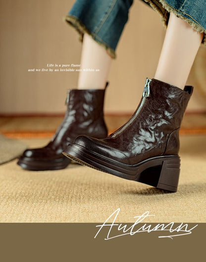 Chunky Heel Plain Zip-Up Genuine Leather Short Boots SpreePicky