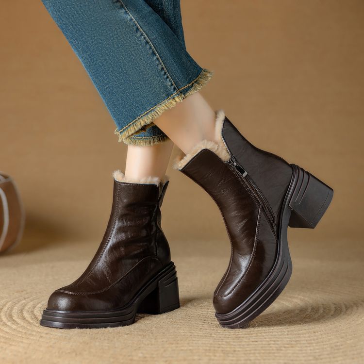 Chunky Heel Plain Fleece-Lined Genuine Leather Short Boots SpreePicky