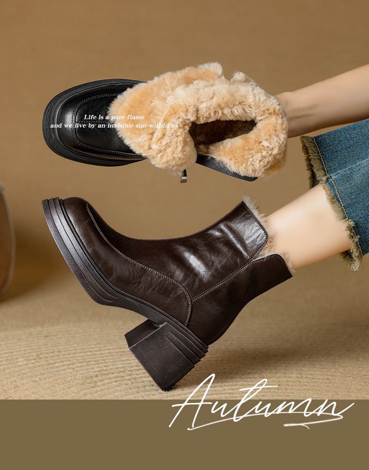 Chunky Heel Plain Fleece-Lined Genuine Leather Short Boots SpreePicky