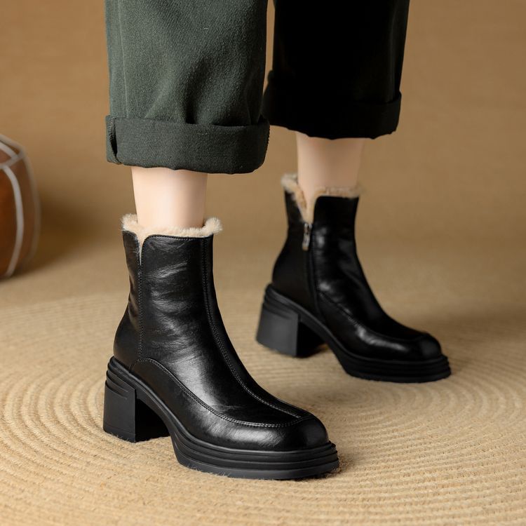 Chunky Heel Plain Fleece-Lined Genuine Leather Short Boots SpreePicky