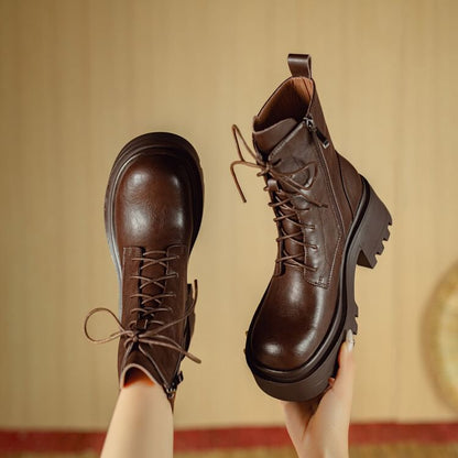 Platform Plain Lace-Up Genuine Leather Short Boots SpreePicky