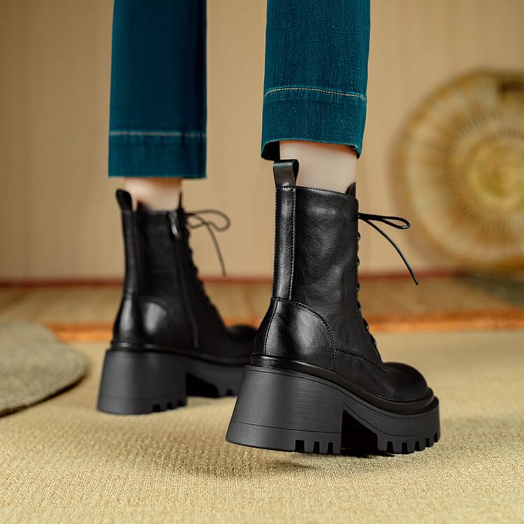 Platform Plain Lace-Up Genuine Leather Short Boots SpreePicky