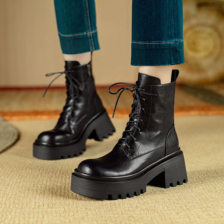 Platform Plain Lace-Up Genuine Leather Short Boots SpreePicky