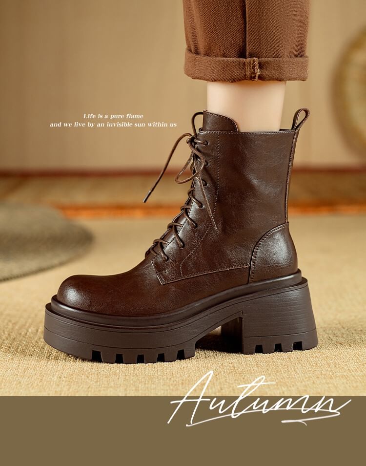 Platform Plain Lace-Up Genuine Leather Short Boots SpreePicky