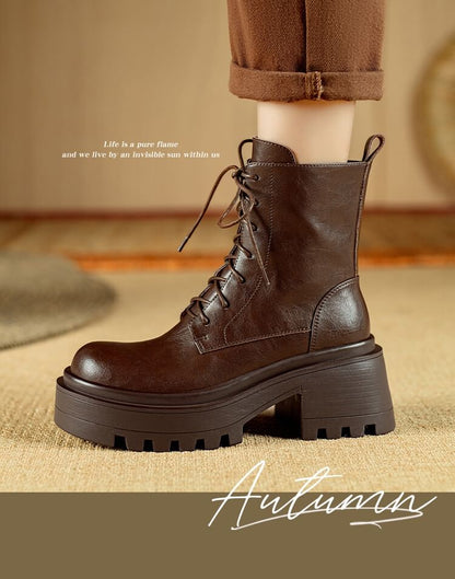 Platform Plain Lace-Up Genuine Leather Short Boots SpreePicky