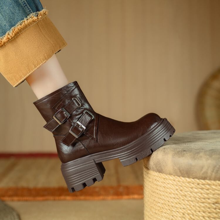 Platform Plain Buckled Zip-Up Genuine Leather Short Boots SpreePicky