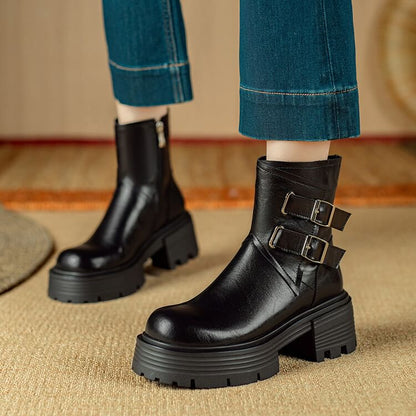 Platform Plain Buckled Zip-Up Genuine Leather Short Boots SpreePicky