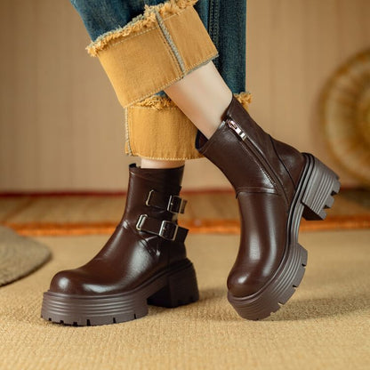 Platform Plain Buckled Zip-Up Genuine Leather Short Boots SpreePicky