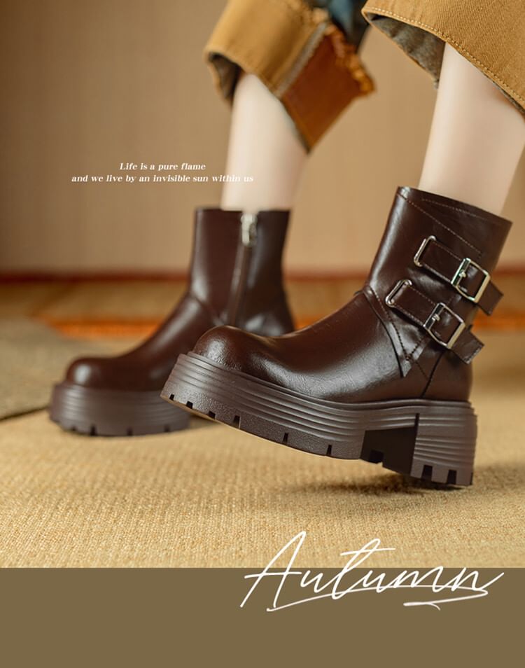 Platform Plain Buckled Zip-Up Genuine Leather Short Boots SpreePicky