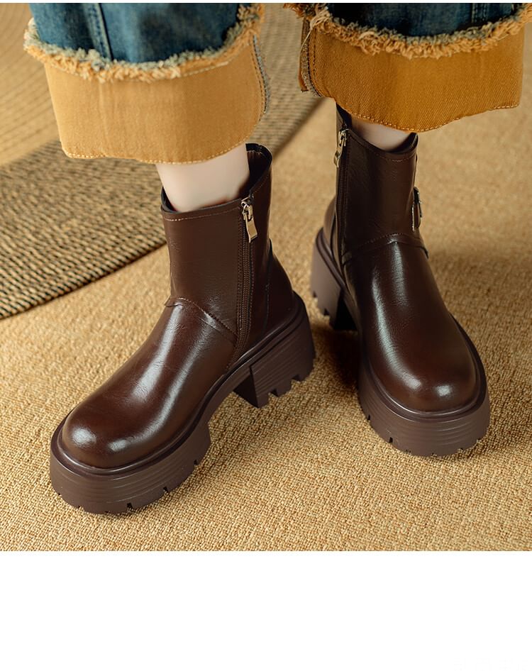 Platform Plain Buckled Zip-Up Genuine Leather Short Boots SpreePicky