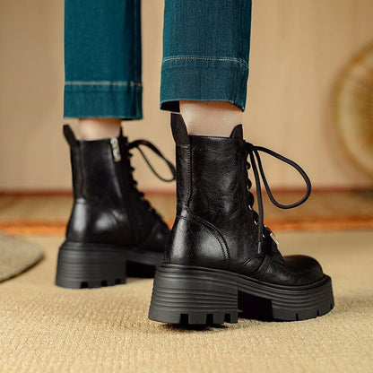 Platform Plain Buckled Lace-Up Genuine Leather Short Boots SpreePicky