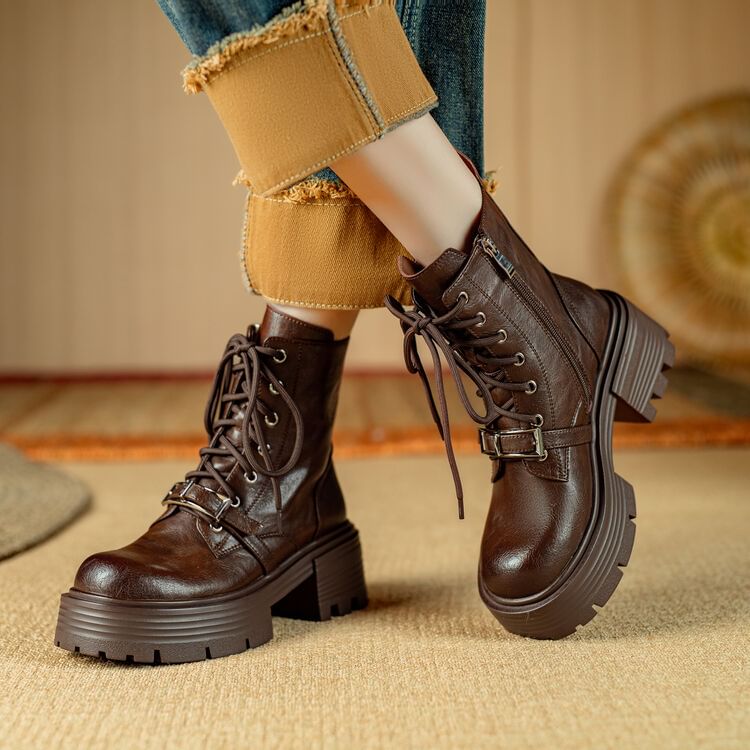 Platform Plain Buckled Lace-Up Genuine Leather Short Boots SpreePicky