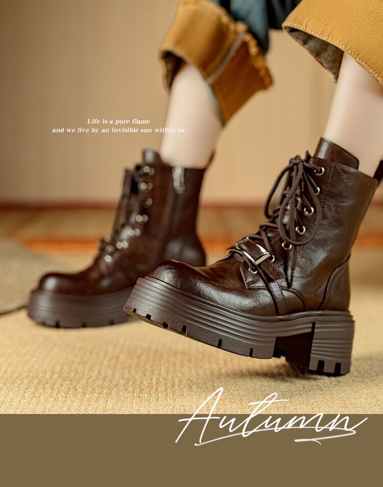 Platform Plain Buckled Lace-Up Genuine Leather Short Boots SpreePicky